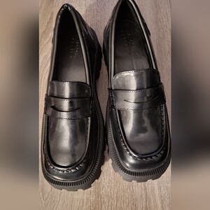 NWOT ASOS DESIGN Platform Chunky Mid Heeled Patent Loafers Shoe Black 12 UK 10